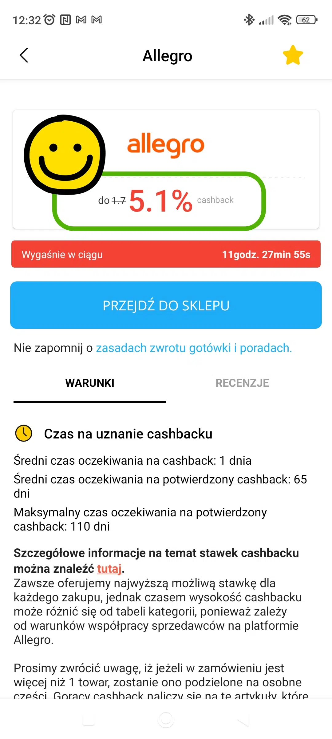 Zrzut ekranu z aplikacji LetyShops przedstawiający stronę cashbacku dla Allegro po aktywacji kodu promocyjnego DZIENTATY_3X. Zieloną ramką oraz ikoną uśmiechniętej buźki zaznaczono podwyższony cashback do 5,1%. Poniżej widoczny jest licznik czasu pozostałego do końca promocji, przycisk „Przejdź do sklepu” oraz szczegółowe informacje o czasie naliczania i potwierdzania cashbacku za zakupy na Allegro.