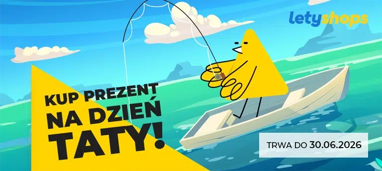 Baner promujący akcję LetyShops z okazji Dnia Ojca. Na grafice widoczna jest żółta maskotka LetyShops siedząca w łódce i łowiąca ryby na tle jeziora oraz górskiego krajobrazu. Po lewej stronie znajduje się hasło „Kup prezent na Dzień Taty!”, a w prawym dolnym rogu informacja, że promocja trwa do 30.06.2026.