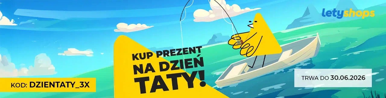 Baner promujący akcję cashbackową LetyShops z okazji Dnia Ojca. Na ilustracji widoczna jest charakterystyczna żółta maskotka LetyShops siedząca w łódce na wodzie. W centralnej części grafiki znajduje się hasło „Kup prezent na Dzień Taty!”, a po lewej stronie kod promocyjny DZIENTATY_3X. W prawym dolnym rogu umieszczono informację, że promocja trwa do 30.06.2026.