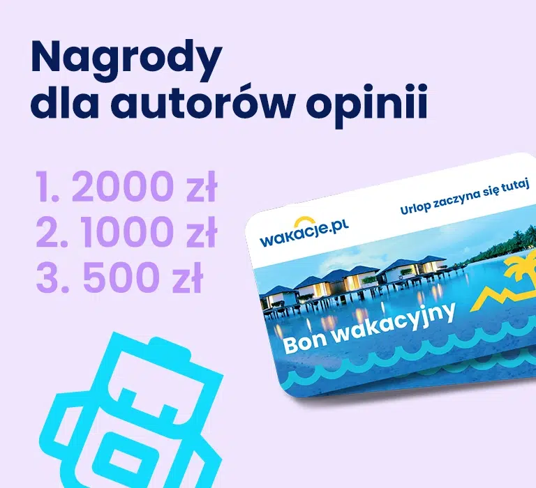 Grafika przedstawiająca nagrody w konkursie Wakacje.pl dla autorów najlepszych opinii o wakacjach. Po lewej stronie widnieje lista nagród: 2000 zł za pierwsze miejsce, 1000 zł za drugie oraz 500 zł za trzecie. Po prawej stronie pokazano bon wakacyjny Wakacje.pl na tle egzotycznego kurortu nad wodą, symbolizujący nagrody przewidziane dla zwycięzców konkursu.