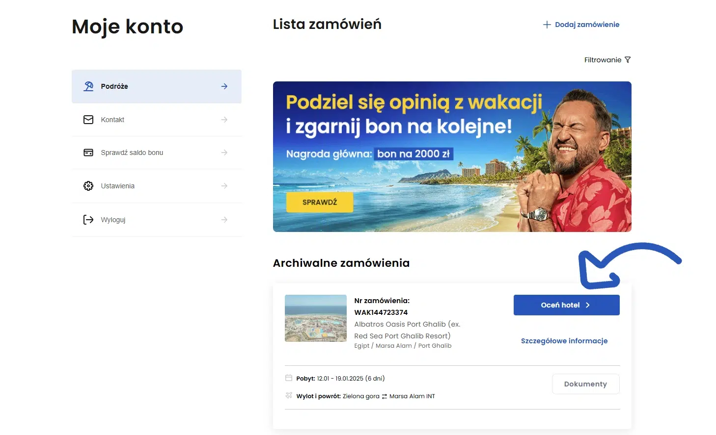 Zrzut ekranu panelu klienta Wakacje.pl pokazujący możliwość dodania opinii o hotelu po zakończonym wyjeździe. Na liście archiwalnych zamówień widoczny jest przycisk „Oceń hotel”, który umożliwia wystawienie recenzji i udział w konkursie z bonami wakacyjnymi do wygrania. Grafika prezentuje miejsce, w którym użytkownik może dodać opinię o swoim pobycie po powrocie z wakacji.