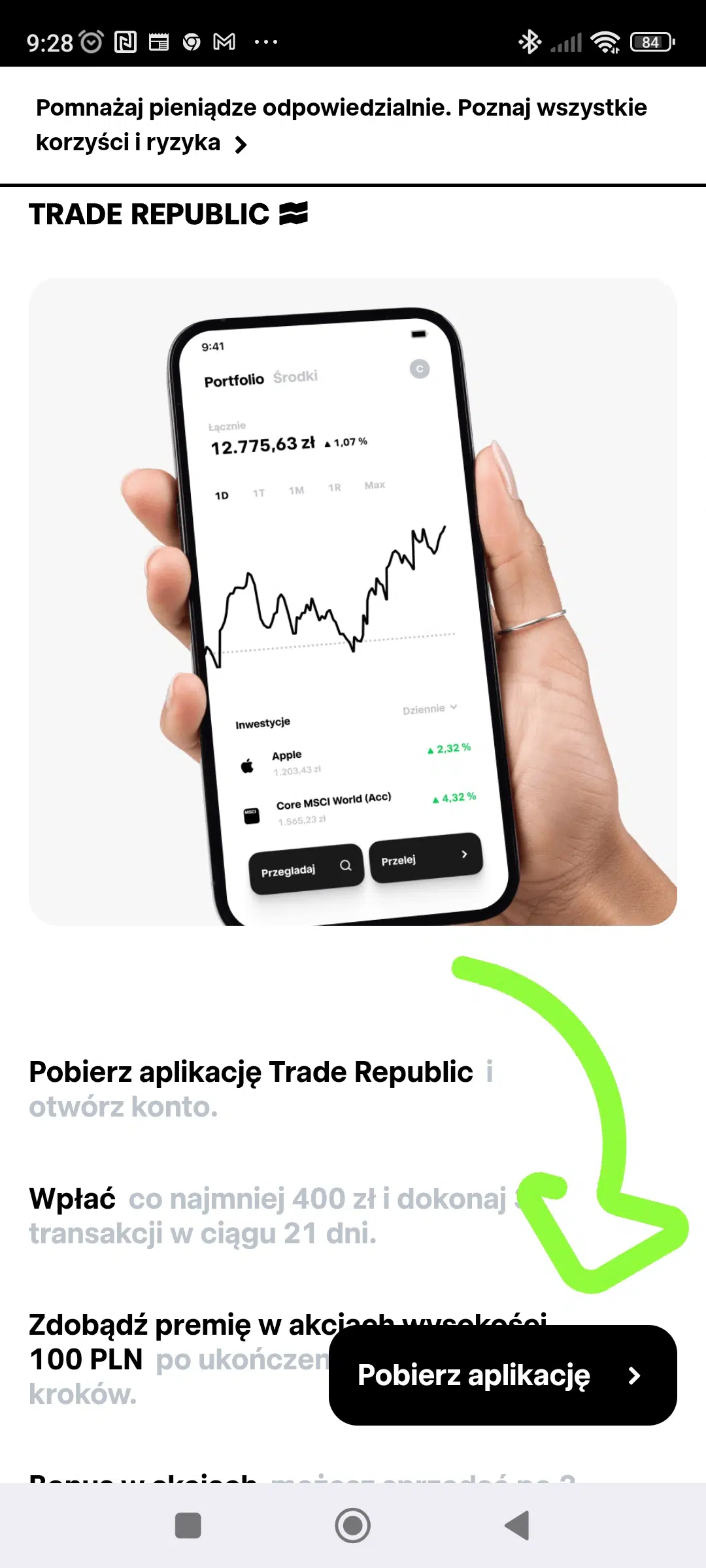Widok aplikacji mobilnej Trade Republic z instrukcją otwarcia konta, wpłaty minimum 400 zł i wykonania transakcji w celu otrzymania premii 100 PLN w akcjach.