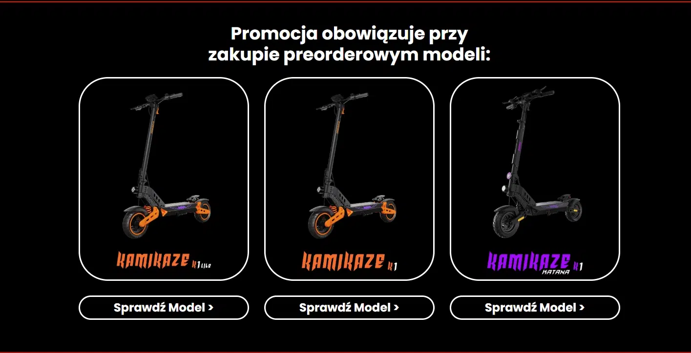 Grafika prezentująca modele hulajnóg elektrycznych Kamikaze objęte promocją przedsprzedażową w 7Way. Na obrazie widoczne są trzy modele Kamikaze wraz z przyciskami „Sprawdź model” oraz informacją, że zakup wybranych hulajnóg kwalifikuje do udziału w akcji promocyjnej.