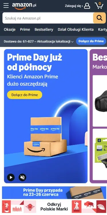 Mobilny widok strony głównej Amazon.pl z banerem promującym Prime Day. Na ekranie widoczna jest wyszukiwarka, górne menu sklepu oraz niebieski baner z hasłem „Prime Day już od północy” i przyciskiem „Dołącz do Prime”. Pod banerem znajdują się kafelki promujące polskie marki oraz inne oferty dostępne w serwisie Amazon.