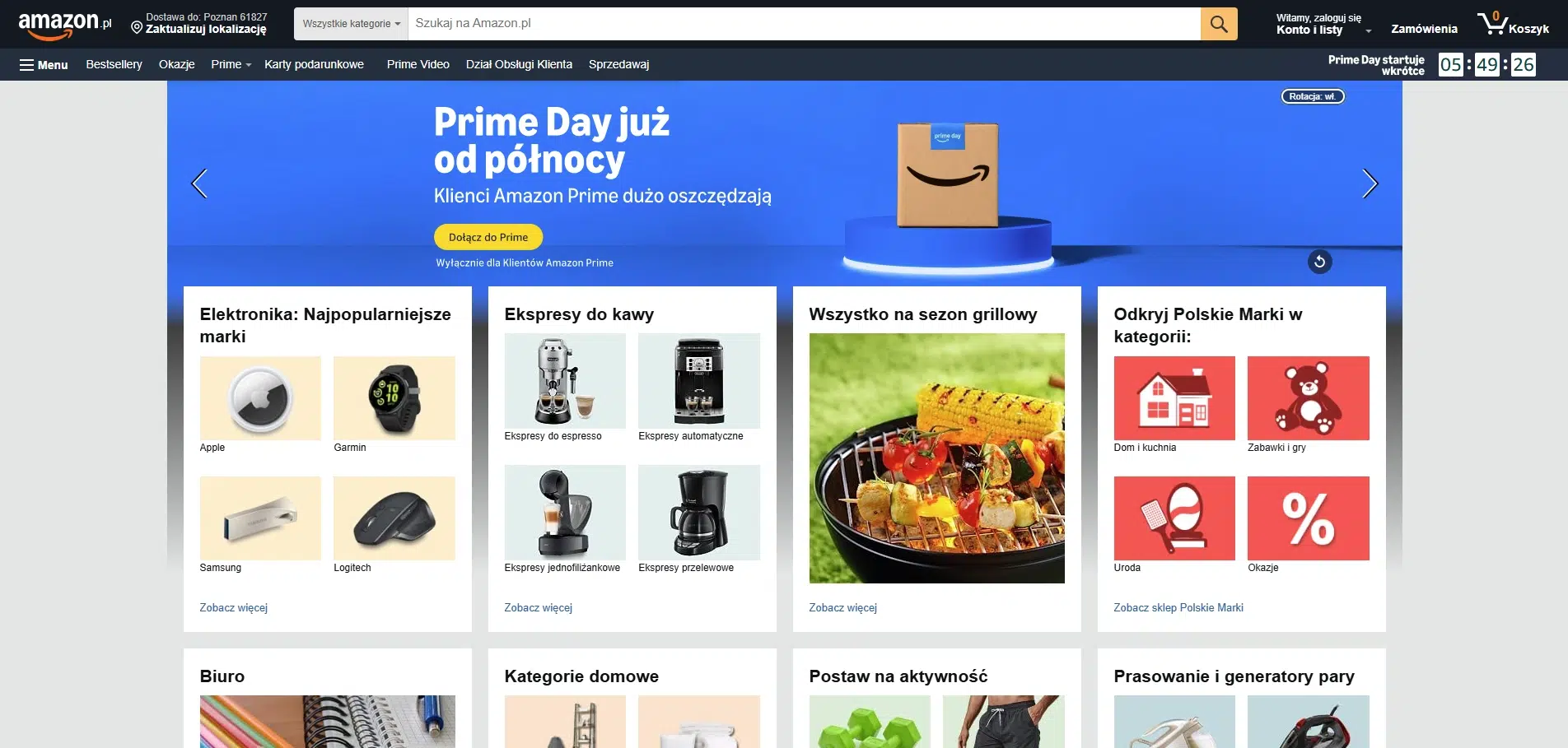 Strona główna Amazon.pl z dużym banerem promującym Prime Day oraz siatką kategorii zakupowych. Na ekranie widoczne są m.in. elektronika, ekspresy do kawy, produkty do grillowania, polskie marki, artykuły biurowe i wyposażenie domu, a u góry znajduje się wyszukiwarka oraz menu sklepu Amazon.