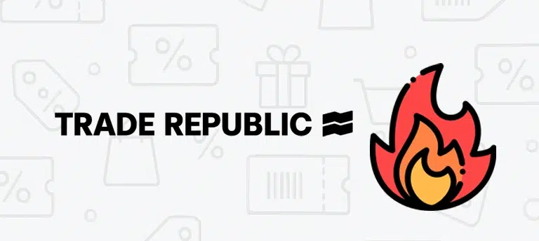 Grafika promująca aktualne kody rabatowe, promocje i bonusy powitalne dla Trade Republic. Widoczne jest logo Trade Republic oraz symbol gorącej okazji.
