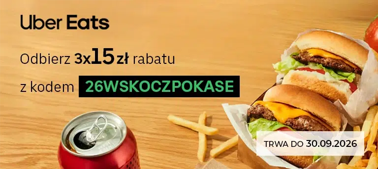 Baner mobilny Uber Eats z kodem 26WSKOCZPOKASE i rabatem 3x15 zł na pierwsze zamówienia, widoczne burgery, frytki i puszka napoju.