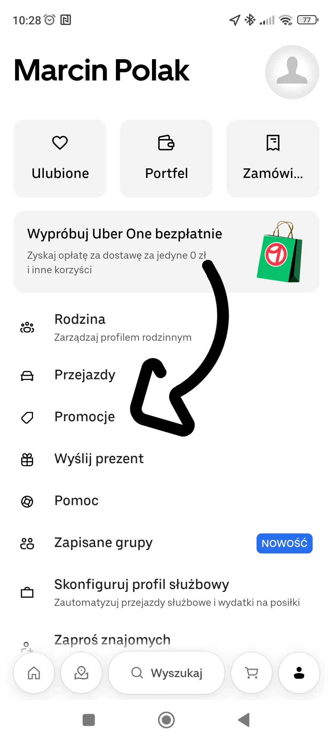 Ekran profilu w aplikacji Uber Eats z zaznaczoną opcją „Promocje”, która umożliwia dodanie kodu rabatowego do konta.