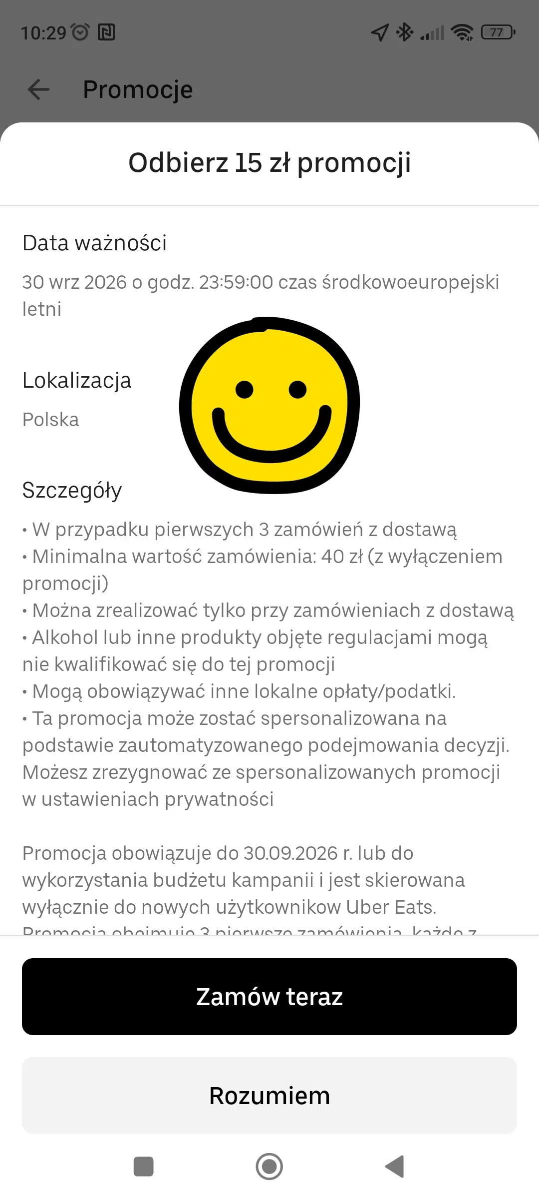 Ekran szczegółów promocji w aplikacji Uber Eats potwierdzający aktywację rabatu 15 zł na pierwsze trzy zamówienia oraz prezentujący najważniejsze warunki oferty.