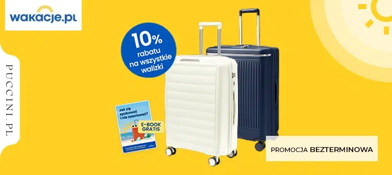 Mobilny baner Wakacje.pl promujący 10% rabatu na walizki Puccini. Na grafice widoczne są dwie walizki, e-book podróżniczy oraz oznaczenie „Promocja bezterminowa”.