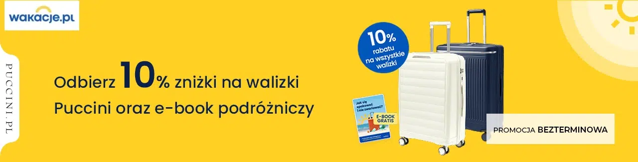 Baner Wakacje.pl promujący 10% rabatu na walizki Puccini oraz bezpłatny e-book podróżniczy. Na grafice widoczne są dwie walizki, e-book oraz oznaczenie „Promocja bezterminowa”.