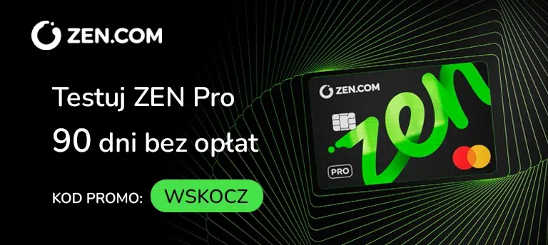 Baner promujący ofertę ZEN.COM dla nowych użytkowników. Na grafice widoczna jest karta płatnicza ZEN Pro oraz informacja o możliwości testowania planu ZEN Pro przez 90 dni bez opłat. Po lewej stronie znajduje się kod promocyjny WSKOCZ, który umożliwia skorzystanie z promocji i aktywację bezpłatnego okresu próbnego.