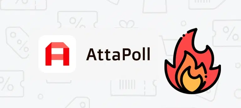 Grafika promująca stronę z kodami rabatowymi i promocjami AttaPoll. Po lewej stronie znajduje się logo AttaPoll na białym tle, a po prawej ilustracja płomienia symbolizująca najlepsze okazje i aktualne promocje. W tle widoczny jest jasny wzór z ikonami rabatów.