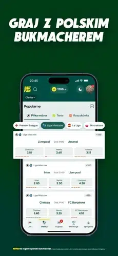 Zrzut ekranu aplikacji mobilnej BETFAN z hasłem „Graj z polskim bukmacherem”. Na ekranie smartfona widoczne są dostępne wydarzenia sportowe, kursy bukmacherskie oraz dolne menu aplikacji umożliwiające szybki dostęp do oferty, kuponu i promocji.