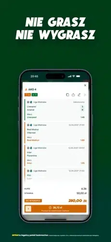 Zrzut ekranu aplikacji BETFAN przedstawiający kupon AKO z wybranymi zdarzeniami sportowymi. Widoczne są kurs łączny, stawka zakładu oraz potencjalna wygrana, a na dole znajduje się przycisk umożliwiający zawarcie zakładu.