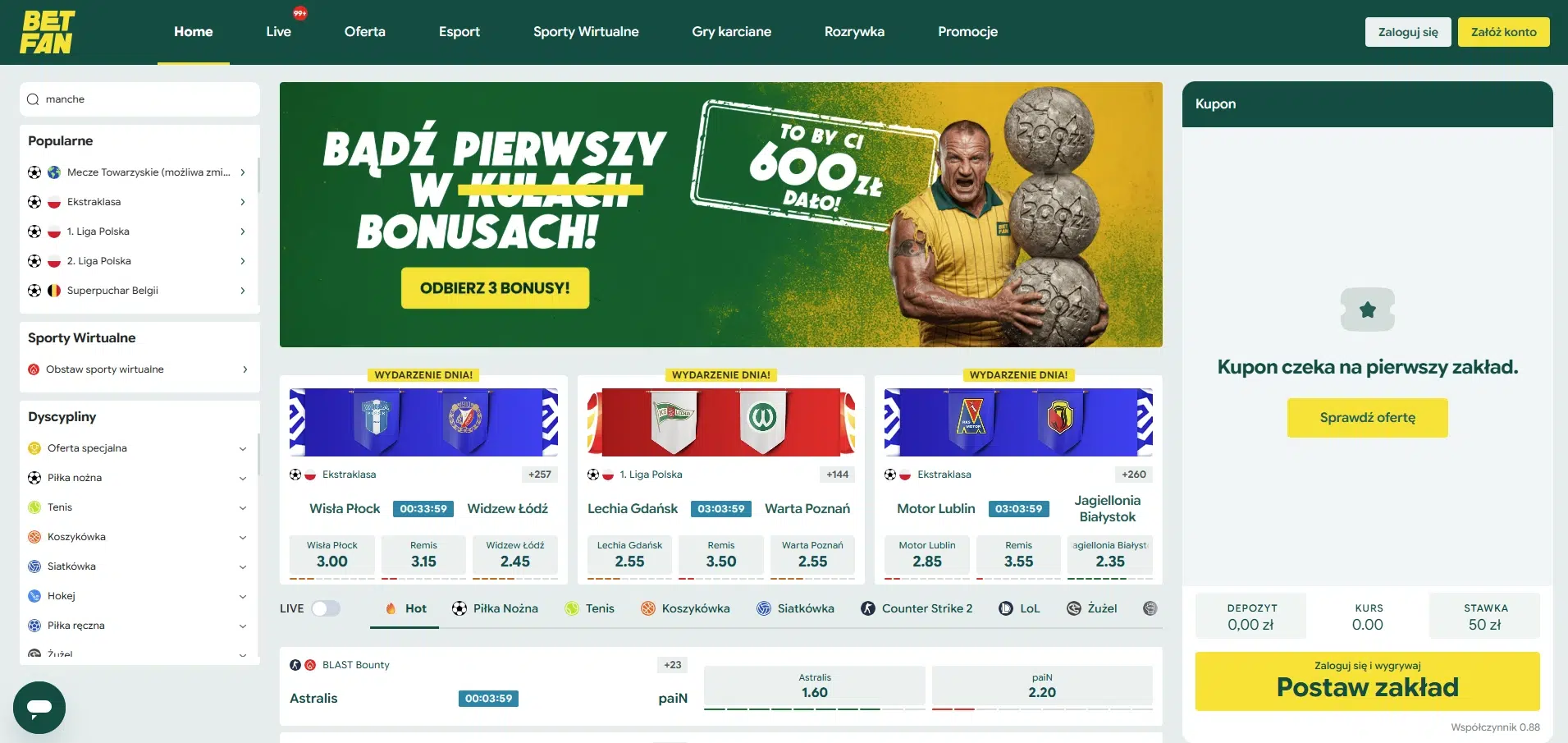 Zrzut ekranu przedstawiający stronę główną BETFAN. Widoczne są aktualne wydarzenia sportowe z kursami bukmacherskimi, menu z kategoriami sportów i promocji, baner zachęcający do odbioru bonusów dla nowych graczy oraz kupon zakładów po prawej stronie.