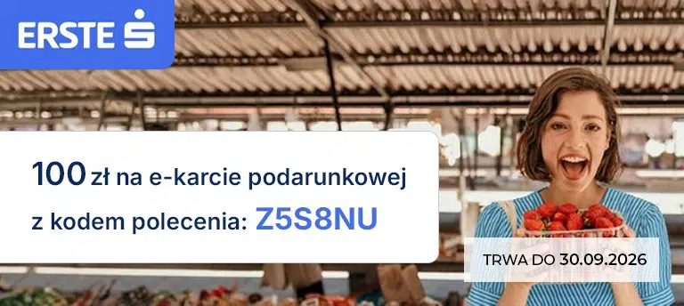 Mobilny baner promujący program poleceń Erste Bank Polska. Grafika informuje o możliwości otrzymania 100 zł na e-karcie podarunkowej po wpisaniu kodu polecenia Z5S8NU. Po prawej stronie znajduje się osoba trzymająca koszyk z truskawkami, a w dolnym rogu widoczna jest informacja, że promocja trwa do 30.09.2026 r.
