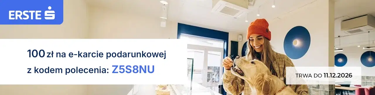 Grafika promująca kod polecenia Erste Z5S8NU, z którym można otrzymać 100 zł na e-karcie podarunkowej po spełnieniu warunków promocji. Oferta obowiązuje do 11 grudnia 2026 roku.