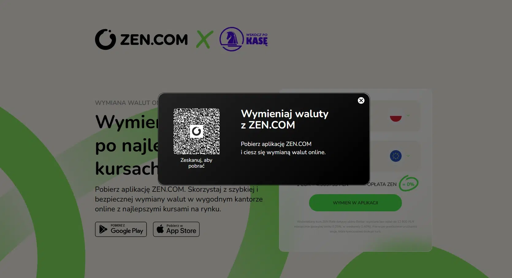 Widok dedykowanej strony ZEN.COM x WskoczPoKasę z kodem QR prowadzącym do aplikacji ZEN.COM, umożliwiającej wymianę walut online i korzystanie z oferty przygotowanej dla czytelników WskoczPoKasę.
