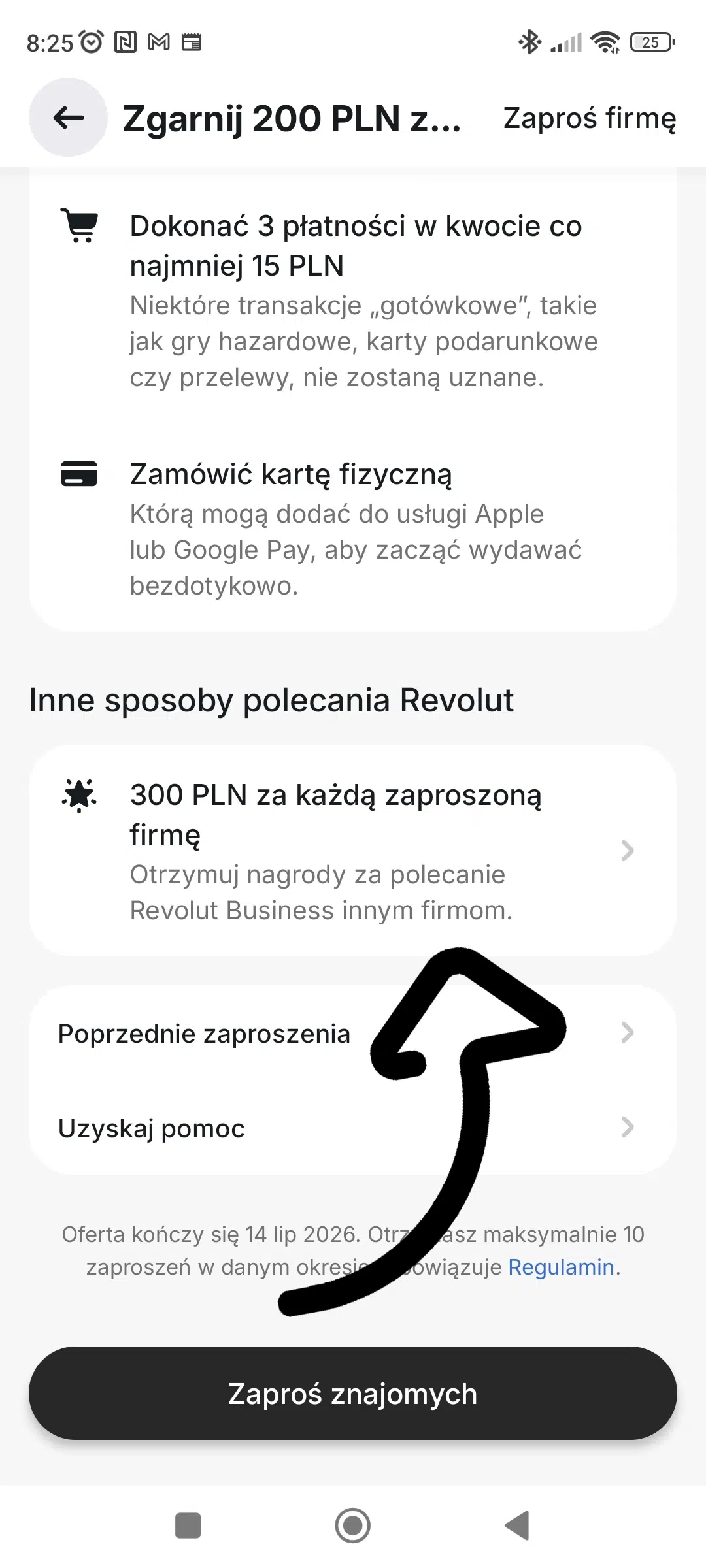 Ekran programu poleceń Revolut z zaznaczoną opcją „300 PLN za każdą zaproszoną firmę”, umożliwiającą przejście do programu poleceń Revolut Business.