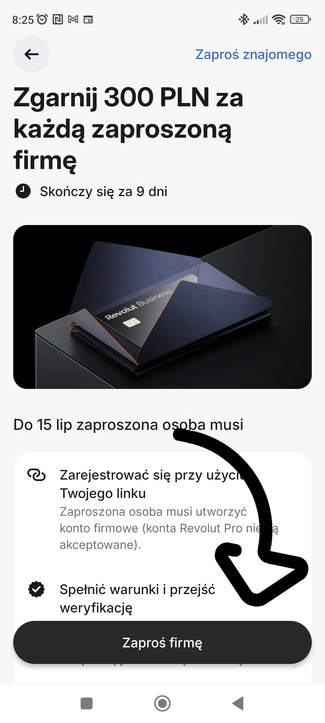 Ekran programu poleceń Revolut Business z premią 300 zł za zaproszenie firmy, pokazujący warunki udziału, w tym rejestrację z linku polecającego i przejście weryfikacji konta firmowego.