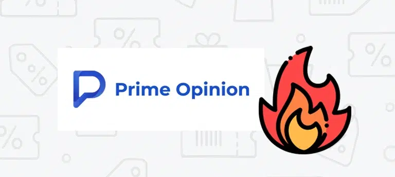 Grafika promująca stronę z kodami rabatowymi i promocjami Prime Opinion. Po lewej stronie znajduje się logo Prime Opinion na białym tle, a po prawej ilustracja płomienia symbolizująca najlepsze okazje i aktualne promocje. W tle widoczny jest jasny wzór z ikonami rabatów.
