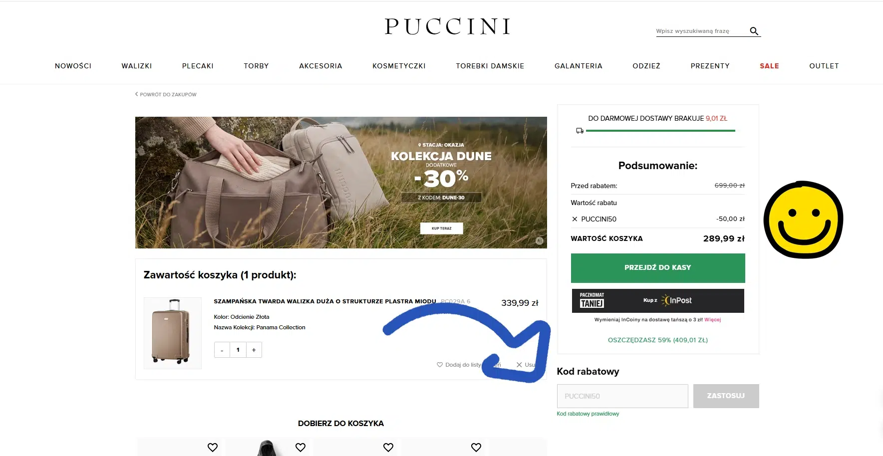 Widok koszyka w sklepie Puccini z aktywnym kodem rabatowym PUCCINI50, który obniża cenę walizki o 50 zł przed przejściem do kasy.
