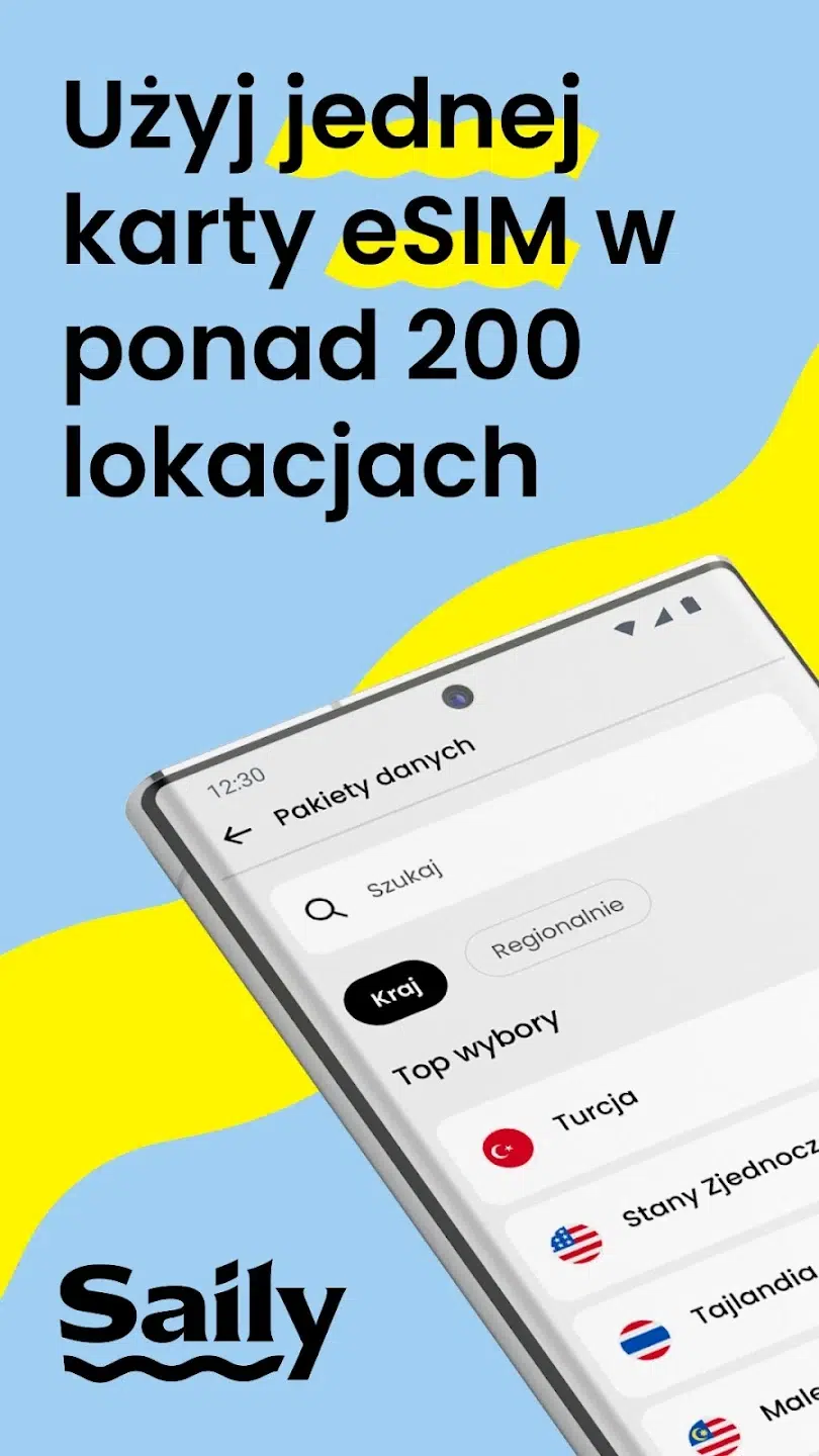 Grafika promująca aplikację Saily z hasłem „Użyj jednej karty eSIM w ponad 200 lokalizacjach”. Na ilustracji widoczny jest ekran aplikacji z listą pakietów danych dla różnych krajów, m.in. Turcji, Stanów Zjednoczonych i Tajlandii, podkreślający możliwość korzystania z mobilnego internetu podczas podróży zagranicznych.