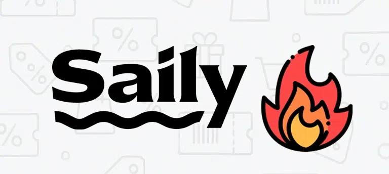 Logo Saily na jasnym tle z ikoną płomienia, przedstawiające aktualne kody rabatowe, promocje i oferty na karty eSIM do internetu za granicą.