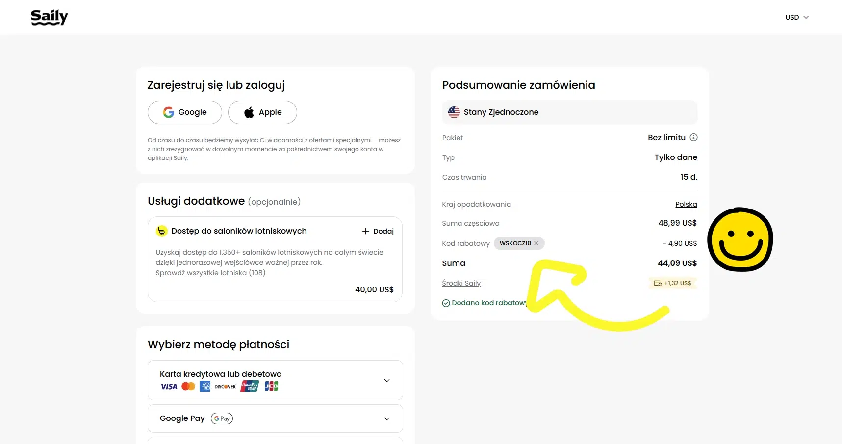 Zrzut ekranu procesu zakupu pakietu eSIM w serwisie Saily. W podsumowaniu zamówienia dla pakietu internetowego do Stanów Zjednoczonych widoczny jest zastosowany kod rabatowy WSKOCZ10, który obniża cenę z 48,99 USD do 44,09 USD. Obok znajduje się komunikat potwierdzający poprawne dodanie kodu rabatowego.