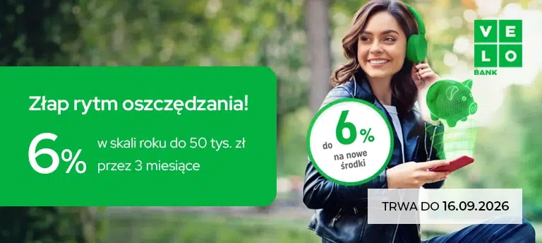 Baner promujący Elastyczne Konto Oszczędnościowe VeloBank z oprocentowaniem 6% w skali roku dla nowych środków do 50 tys. zł przez 3 miesiące. Obok widoczna jest kobieta trzymająca skarbonkę oraz informacja o terminie zakończenia promocji 19 września 2026.