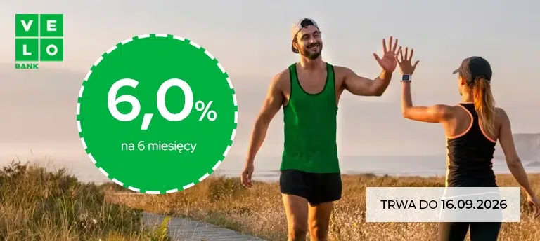 Mobilny baner promocji VeloLokata dla Aktywnych w VeloBanku z oprocentowaniem 6% w skali roku na 6 miesięcy. W tle widoczne są dwie osoby podczas treningu w plenerze, a w prawym dolnym rogu znajduje się informacja, że oferta trwa do 16.09.2026.