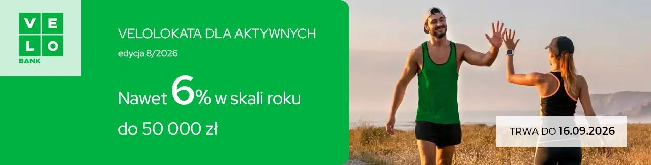 Baner promocji VeloLokata dla Aktywnych – edycja 8/2026 w VeloBanku z oprocentowaniem do 6% w skali roku dla kwoty do 50 000 zł. Po prawej stronie widoczne są dwie osoby podczas treningu w plenerze oraz informacja, że oferta trwa do 16.09.2026.