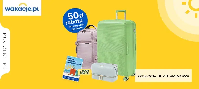 Mobilna grafika promująca ofertę Wakacje.pl i Puccini, w której można otrzymać 50 zł rabatu na wszystkie produkty Puccini oraz bezpłatny e-book podróżniczy. Promocja jest bezterminowa.