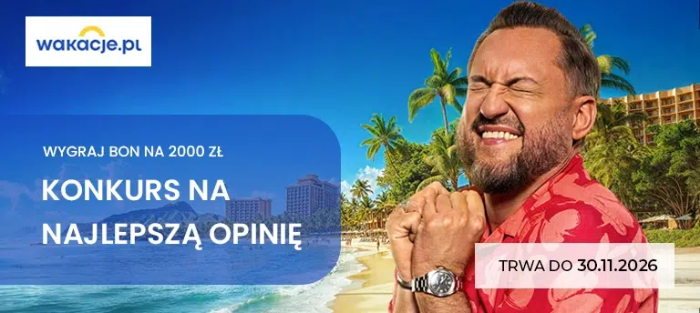 Mobilny baner promujący konkurs Wakacje.pl, w którym uczestnicy mogą wygrać bon wakacyjny o wartości 2000 zł za najlepszą opinię po podróży. Na grafice widoczna jest tropikalna plaża z palmami oraz uśmiechnięty mężczyzna w czerwonej koszuli na tle egzotycznego kurortu. Baner zawiera informację o konkursie oraz terminie jego trwania do 30 listopada 2026 roku.