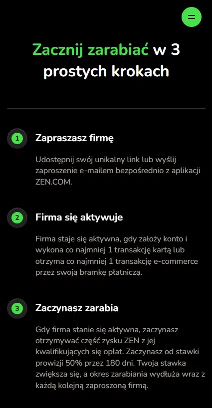Mobilna infografika przedstawiająca trzy etapy programu poleceń ZEN dla firm: zaproszenie firmy za pomocą linku, aktywację konta po spełnieniu warunków oraz rozpoczęcie zarabiania prowizji od opłat generowanych przez poleconą firmę.
