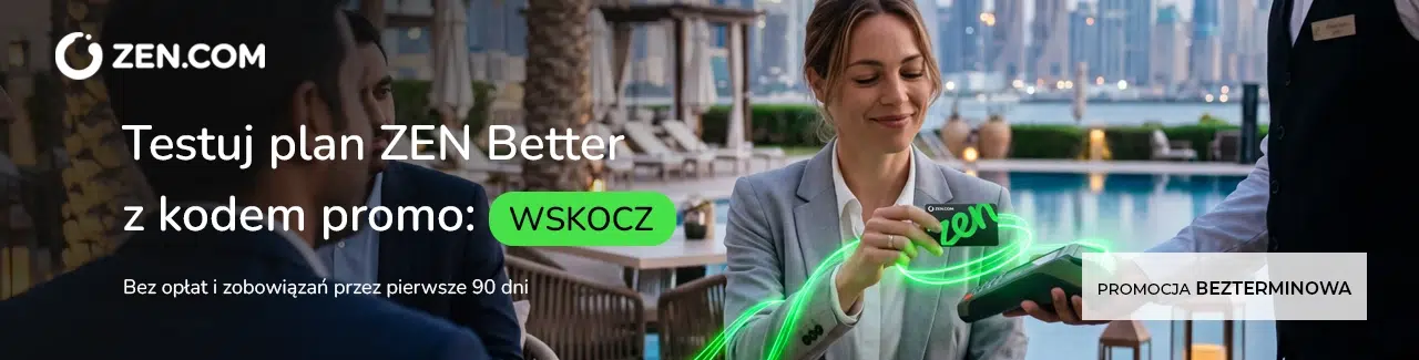Grafika promująca kod promocyjny ZEN.COM WSKOCZ, który pozwala korzystać z planu ZEN Better bez opłat i zobowiązań przez pierwsze 90 dni. Promocja jest bezterminowa.