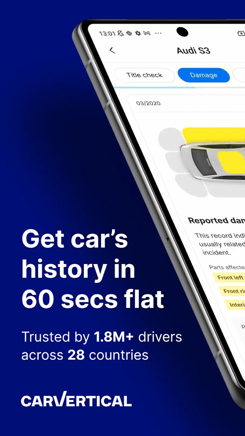 Ekran aplikacji carVertical przedstawiający raport historii pojazdu. Na ekranie smartfona widoczna jest analiza uszkodzeń samochodu Audi S3 z zaznaczoną zakładką „Damage”, a obok znajduje się hasło „Get car’s history in 60 seconds flat” oraz informacja, że z usługi korzysta ponad 1,8 mln kierowców w 28 krajach.