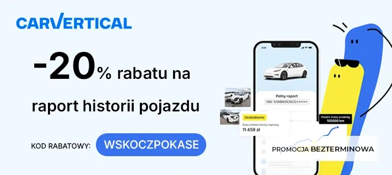 Mobilny baner promujący kod rabatowy carVertical. Grafika informuje o 20% rabatu na raport historii pojazdu z kodem WSKOCZPOKASE. Po prawej stronie widoczny jest smartfon z przykładowym raportem carVertical oraz ilustracja maskotki marki. W prawym dolnym rogu znajduje się informacja, że promocja jest bezterminowa.