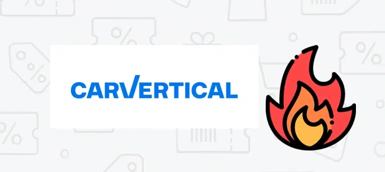 Grafika promująca stronę z kodami rabatowymi i promocjami carVertical. Po lewej stronie znajduje się logo carVertical na białym tle, a po prawej ilustracja płomienia symbolizująca atrakcyjne okazje i aktualne promocje. W tle widoczny jest jasny wzór z ikonami rabatów.
