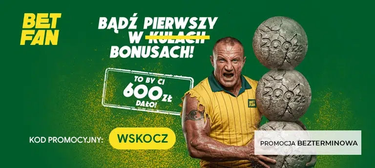 Grafika mobilna BETFAN przedstawiająca kod promocyjny WSKOCZ oraz bonus powitalny o wartości do 600 zł dla nowych graczy.