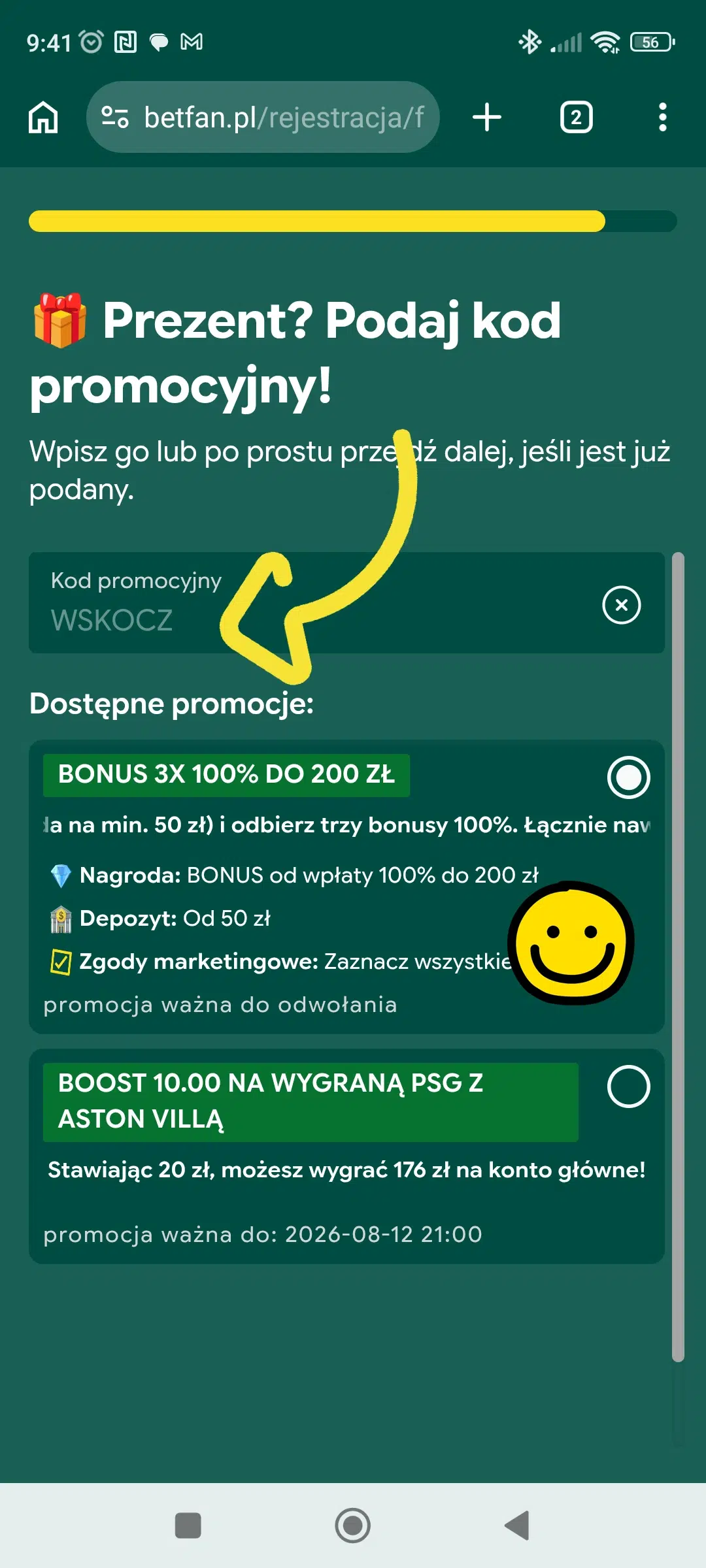 Mobilny widok rejestracji w BETFAN z wpisanym kodem promocyjnym WSKOCZ oraz wyborem bonusu 3 × 100% do 200 zł.