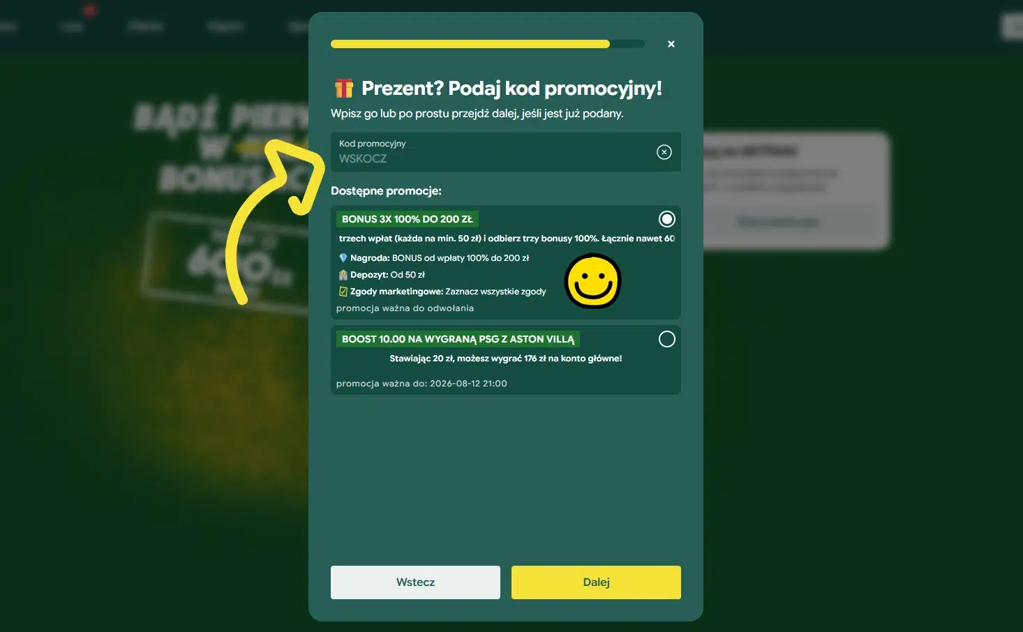 Ekran wyboru bonusu w BETFAN z wpisanym kodem promocyjnym WSKOCZ, umożliwiającym aktywację bonusu 3 × 100% do 200 zł.