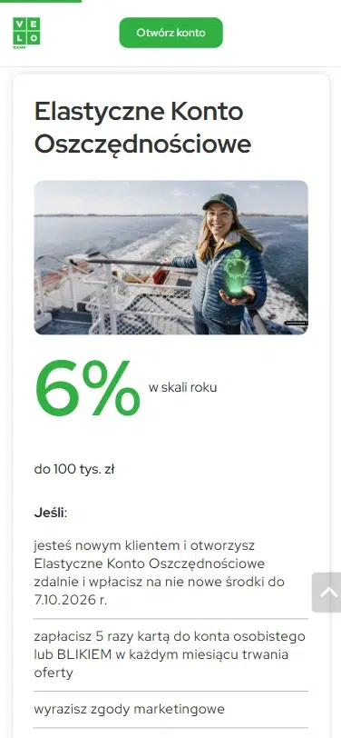 Mobilny widok oferty Elastycznego Konta Oszczędnościowego VeloBanku z oprocentowaniem 6% w skali roku do 100 tys. zł oraz warunkami promocji dla nowych klientów.