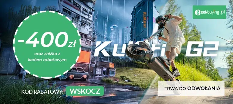 Mobilny baner promujący hulajnogę elektryczną KuKirin G2 w sklepie Geekbuying.pl. Na grafice widoczna jest osoba wykonująca skok na hulajnodze terenowej oraz informacja o obniżce ceny o 400 zł i dodatkowej zniżce z kodem rabatowym WSKOCZ. W prawym dolnym rogu znajduje się informacja, że promocja trwa do odwołania.