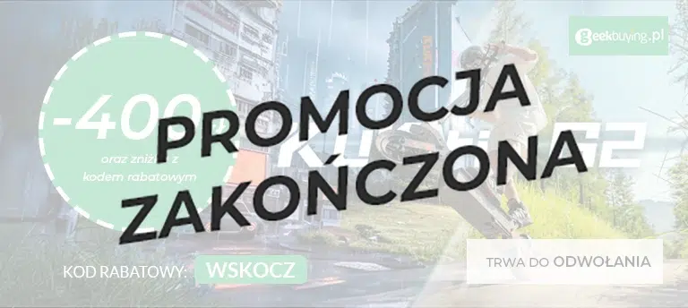 Mobilny baner promujący hulajnogę elektryczną KuKirin G2 w sklepie Geekbuying.pl. Na grafice widoczna jest osoba wykonująca skok na hulajnodze terenowej oraz informacja o obniżce ceny o 400 zł i dodatkowej zniżce z kodem rabatowym WSKOCZ. W prawym dolnym rogu znajduje się informacja, że promocja trwa do odwołania. Po środku napis PROMOCJA ZAKOŃCZONA.