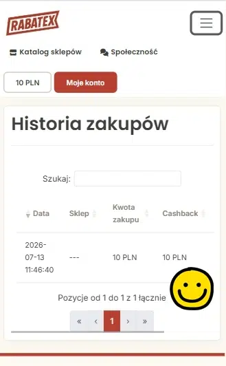 Mobilny widok panelu Rabatex z bonusem 10 zł na start widocznym w historii zakupów jako oczekujący cashback.