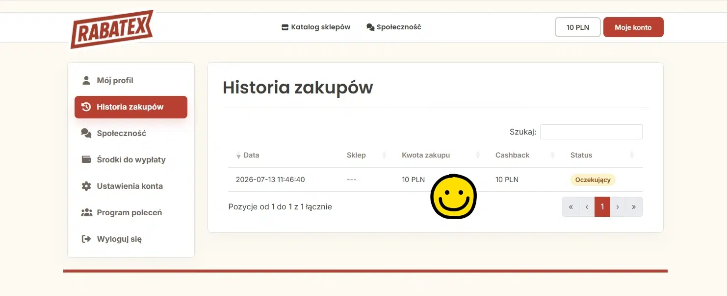 Widok panelu użytkownika Rabatex z bonusem 10 zł na start widocznym w historii zakupów jako oczekujący cashback.