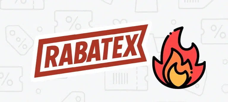 Logo Rabatex na grafice promującej kody rabatowe, promocje i okazje zakupowe dostępne w serwisie.