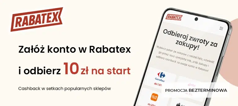 Mobilna grafika Rabatex promująca bonus 10 zł na start dla nowych użytkowników po założeniu konta oraz cashback za zakupy w popularnych sklepach.